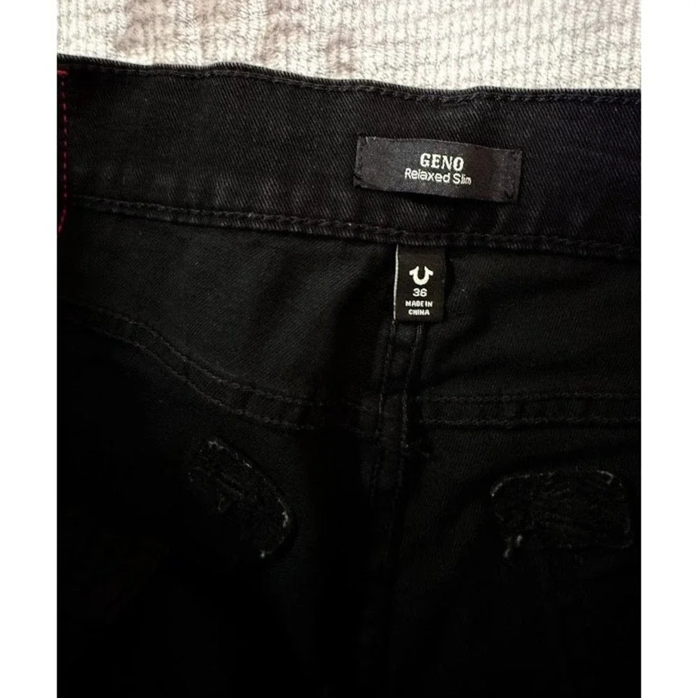 True Religion Men World Tour Straight No Flap Black Jeans Horseshoe Stitch 38X31